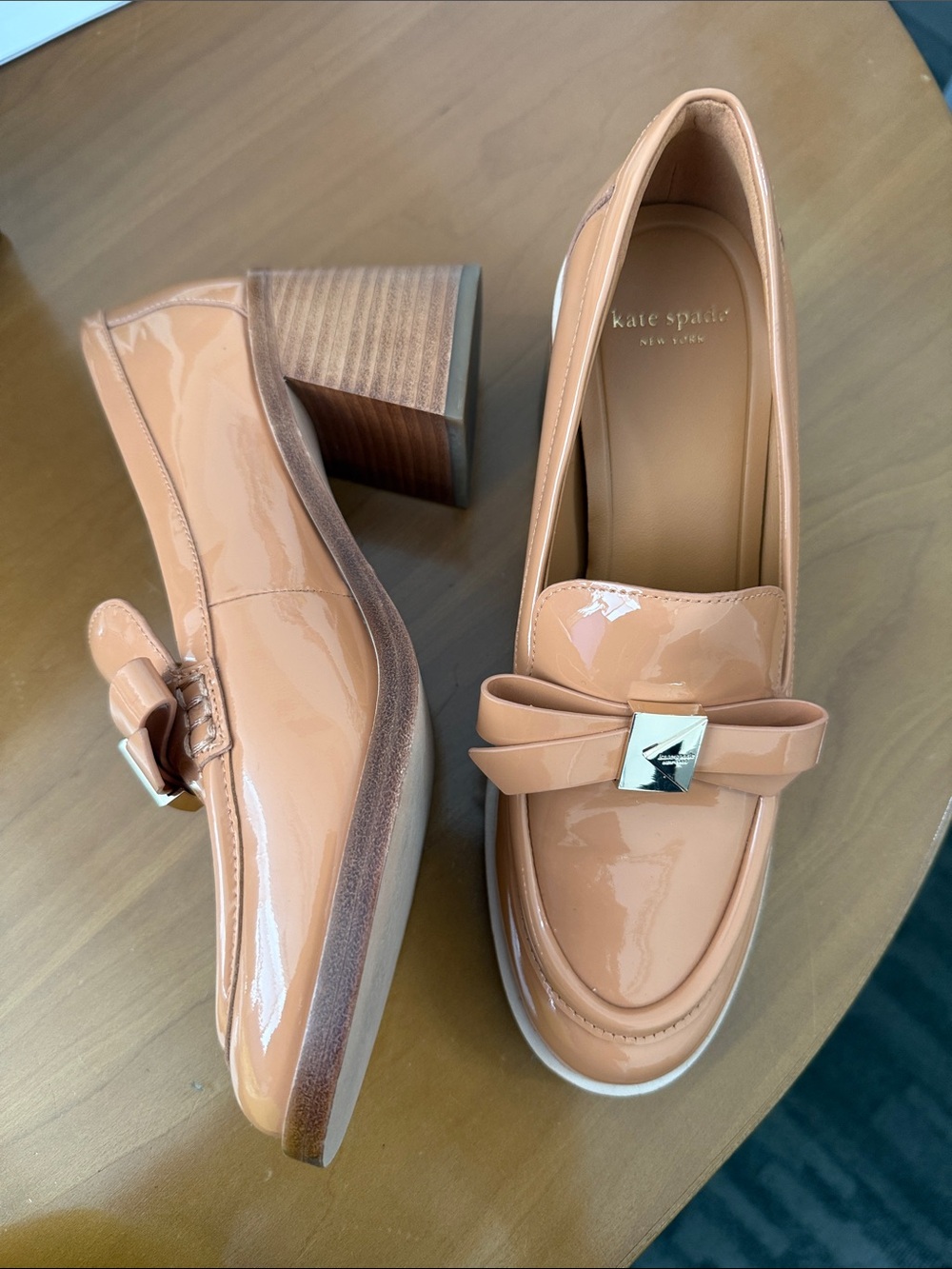 kate spade Patent Peach Bow Block-Heel Loafers